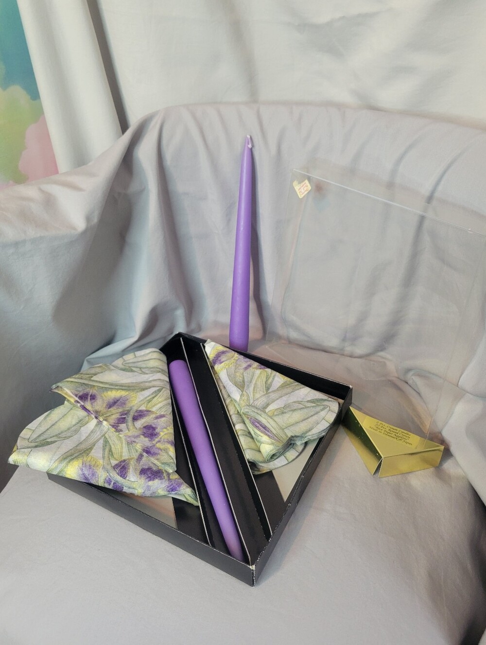 Vintage Lavender Purple Taper Candles with Floral Napkins
